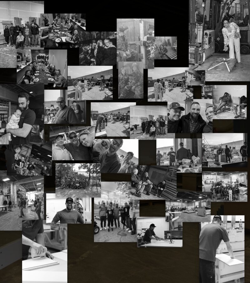 The Heinrich Designs team — thirty-plus craftspeople, designers, and installers across the shop floor, on job sites, and gathered together as one family