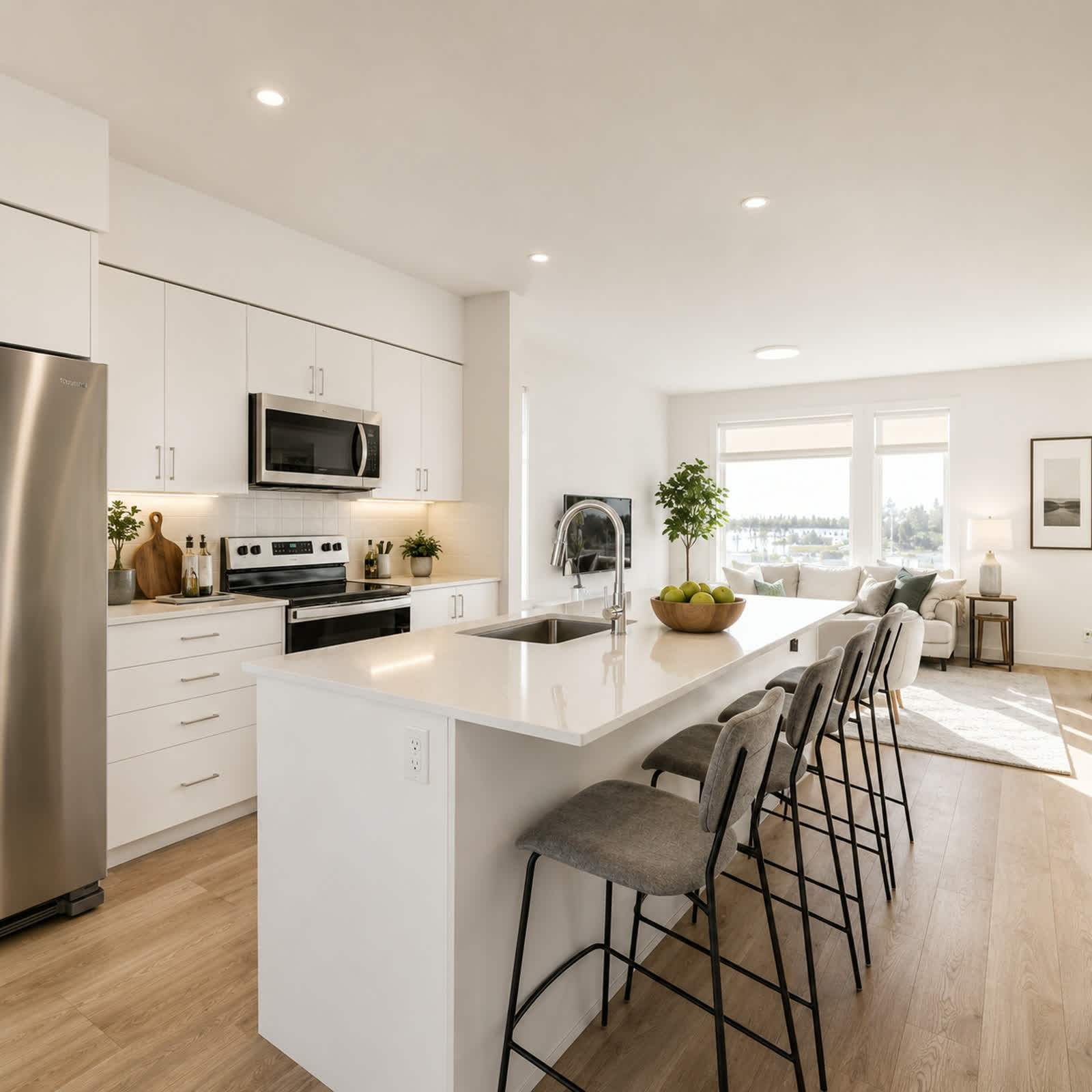Minto East Hill Crossing — open-concept kitchen with island and living room